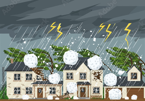 Houses and trees battered by severe hailstorm and lightning.