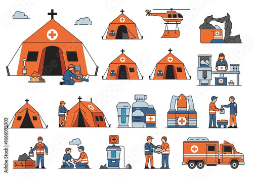 Aid tents, medical supplies, and rescue vehicles for disaster relief.
