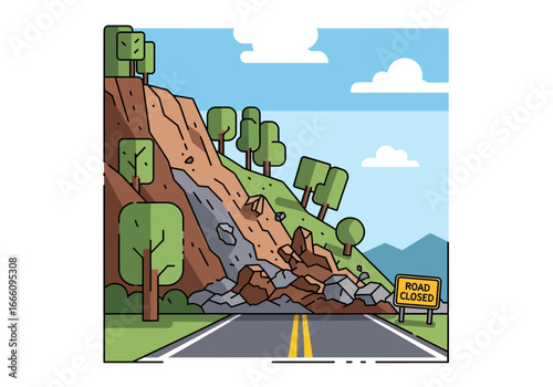 Landslide debris covers a road with trees on a hill.