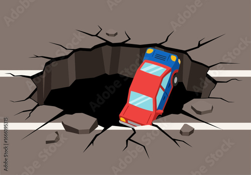 Car falling into a large hole in the road.
