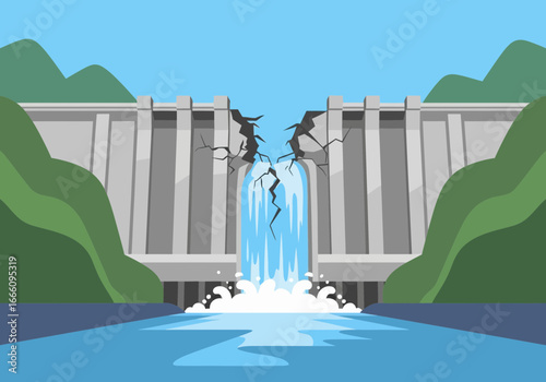 Large dam with water flowing through a central spillway and surrounding hills.