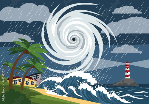 Hurricane storm with large waves hitting a beach and lighthouse.