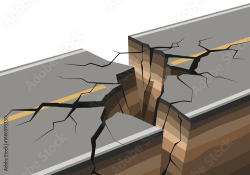 Cracked road split apart by a deep fissure.