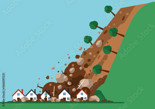 Landslide destroys houses and trees on a hillside.