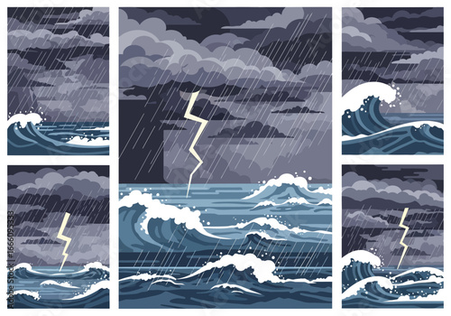 Stormy ocean with waves and lightning strikes in multiple panels.