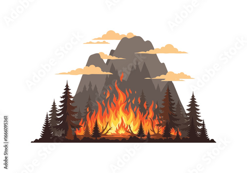 Mountain forest engulfed in a large, intense wildfire with smoke.