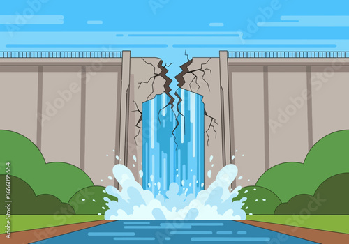 Dam with a large crack, water gushing through, creating a waterfall.