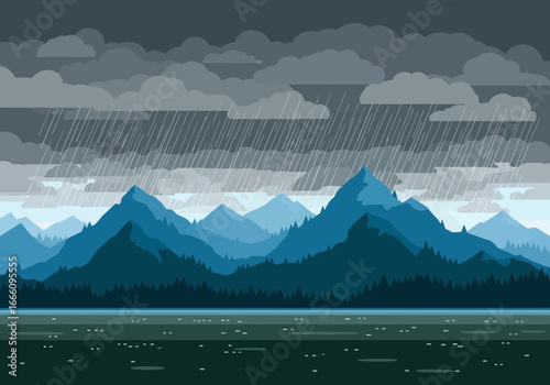 Pixel art mountains under a stormy, rainy sky.