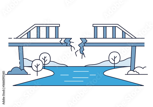 Broken bridge over a river with trees and hills.