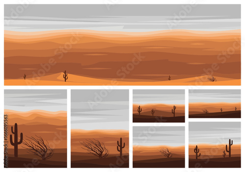 Desert landscape with cacti and dry brush under a hazy sky.