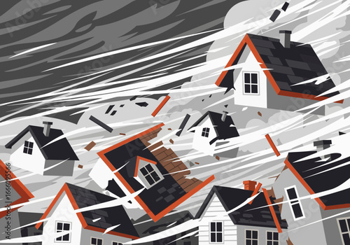 Houses are tilted and damaged by strong winds and debris.