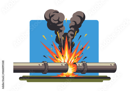Exploding pipe with fire and smoke erupting upwards.