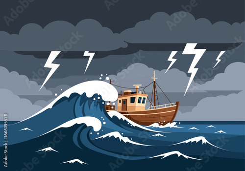 Boat navigates rough sea with lightning and stormy clouds.