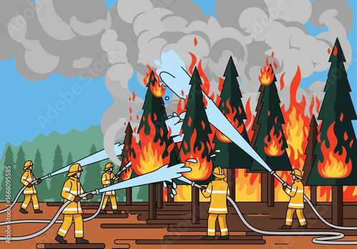 Firefighters battle a raging forest fire, spraying water on burning trees and structures.