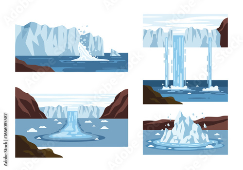 Glaciers calving into water with icebergs and rocky shores.