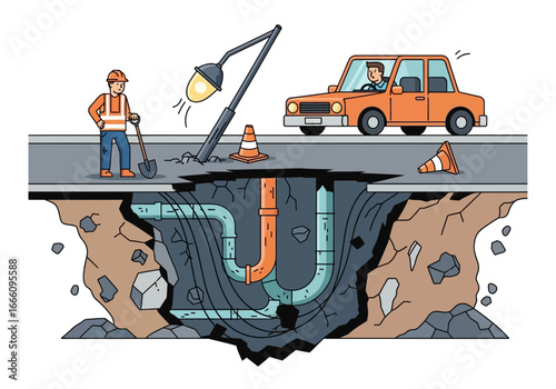 Worker repairs street with open hole showing pipes, car passes by.