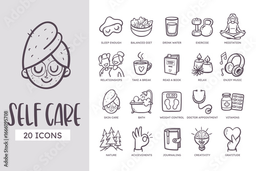 Self Care Icon Set. 20 cute hand-drawn line art style. Vector illustration.