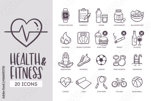 Health and Fitness Icon Set. 20 cute hand-drawn line art style. Vector illustration.