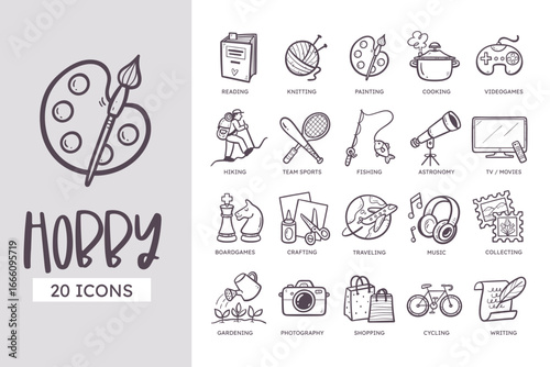 Hobbies and leisure activities icon set. 20 cute hand-drawn line art style. Vector illustration.