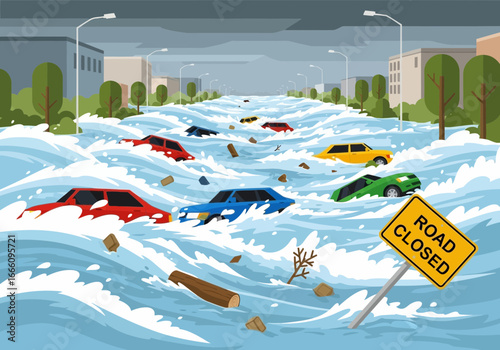 Flooded city street with cars submerged and debris floating.