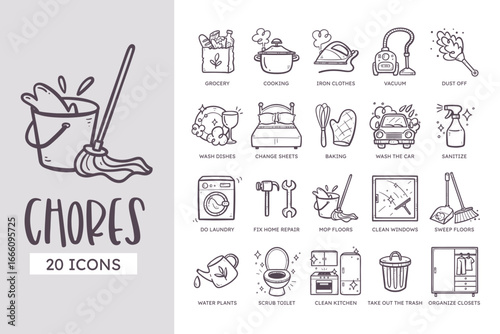 Home Chores Icon Set. 20 cute hand-drawn line art style. Vector illustration.