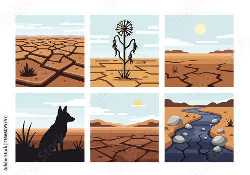 Arid landscapes with cracked earth, a wilting plant, and a lone dog.