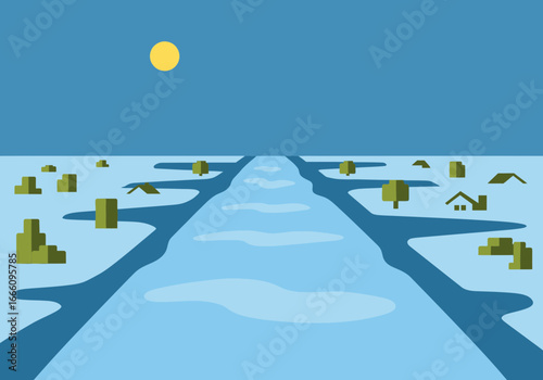 Frozen river flows through snowy landscape under a pale sun.