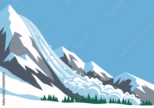 Snow avalanche cascading down a mountain slope with trees.