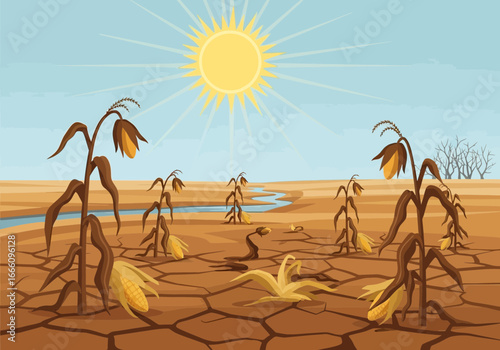 Dry cracked earth with wilted corn stalks under a hot sun.
