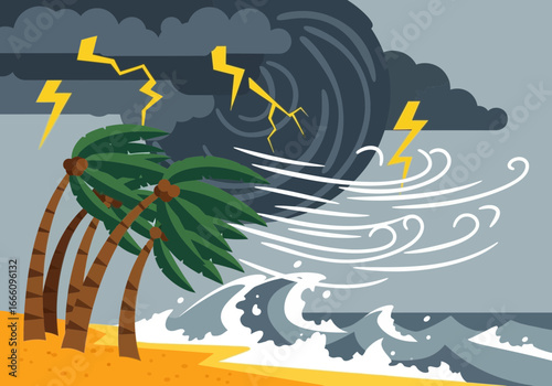 Palm trees battered by a hurricane with lightning and strong winds.