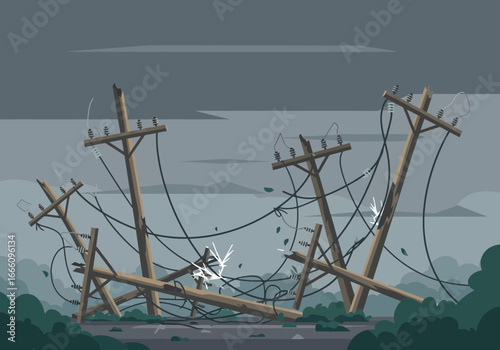 Damaged power poles with tangled wires and debris scattered around.