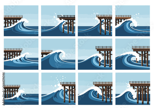 Sequence of waves crashing against a wooden pier structure.