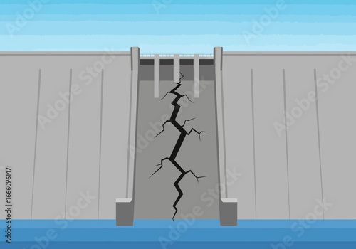 Large concrete dam with a significant crack, water in front.