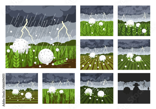 Golf balls on grass during a thunderstorm with lightning.