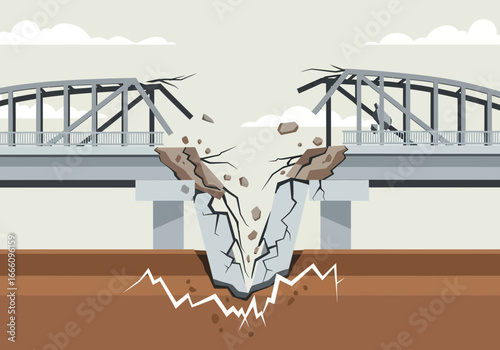 Damaged bridge collapsing with debris falling into a deep crack.