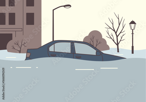 Car submerged in floodwater near buildings and streetlights.