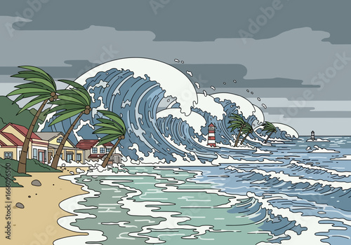 Giant waves crash onto a beach with palm trees and buildings.