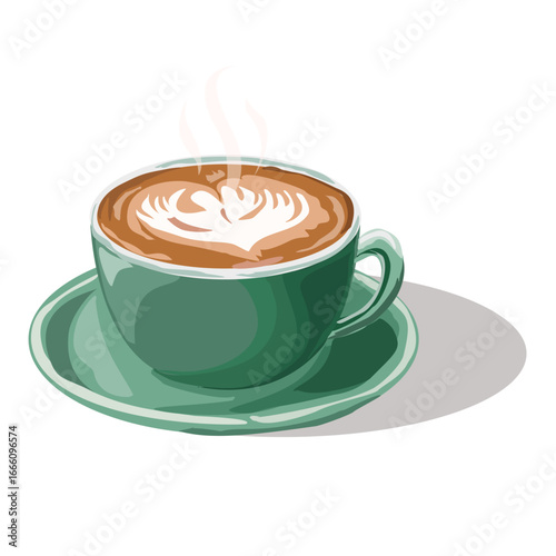 Freshly brewed cappuccino in green ceramic mug with latte art on white background