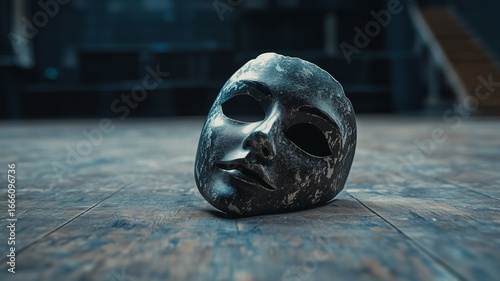 Mask rests on the wooden floor in an empty theater as light casts shadows in the background during evening hours