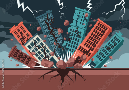 Buildings collapsing during an earthquake with lightning and debris.