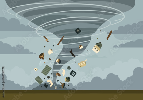 A powerful tornado with debris swirling violently within its funnel.