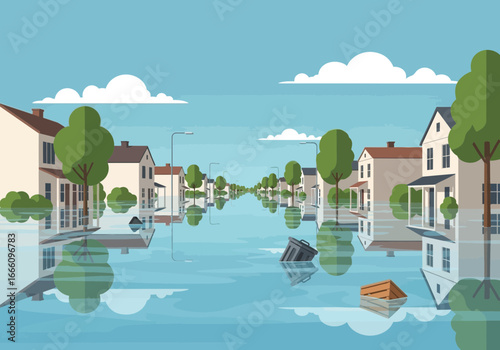 Flooded suburban street with houses partially submerged in water.