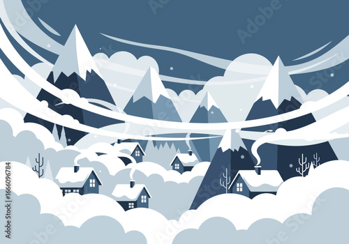 Snow-covered houses nestled among snowy mountains and cloudy skies.