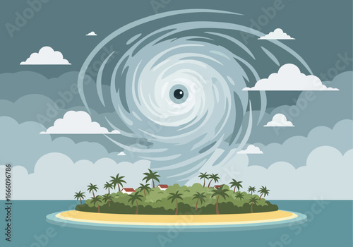 Hurricane approaching a tropical island with palm trees and clouds.