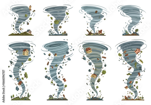 Eight swirling tornadoes with debris and damaged structures.