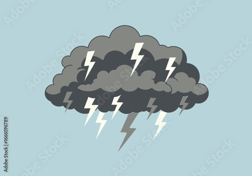 Dark storm cloud with lightning bolts and rain.