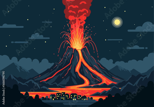 Volcano erupting with lava flowing down towards a village at night.