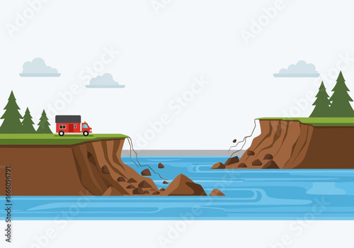 River cutting through land with trees and a small house.