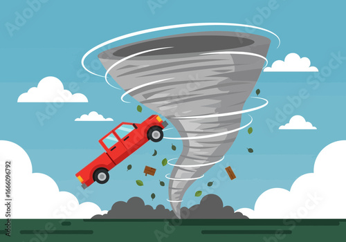 Tornado lifting a car and debris, causing destruction.