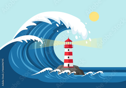 Lighthouse stands against a massive wave under a sunny sky.